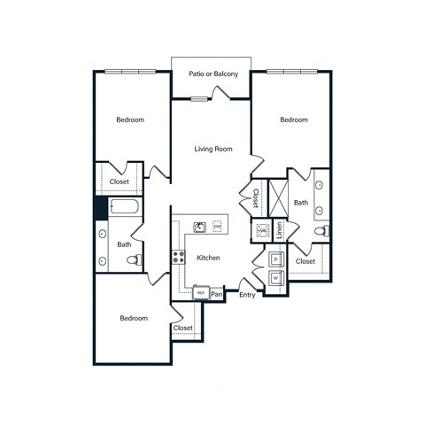 Floor plan for 3 beds, 2 baths, 1305 sqft